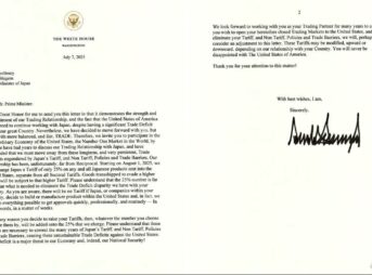 トランプ大統領が石破総理大臣に宛てた日米貿易の関税に関する書簡の全訳（公電訳）
