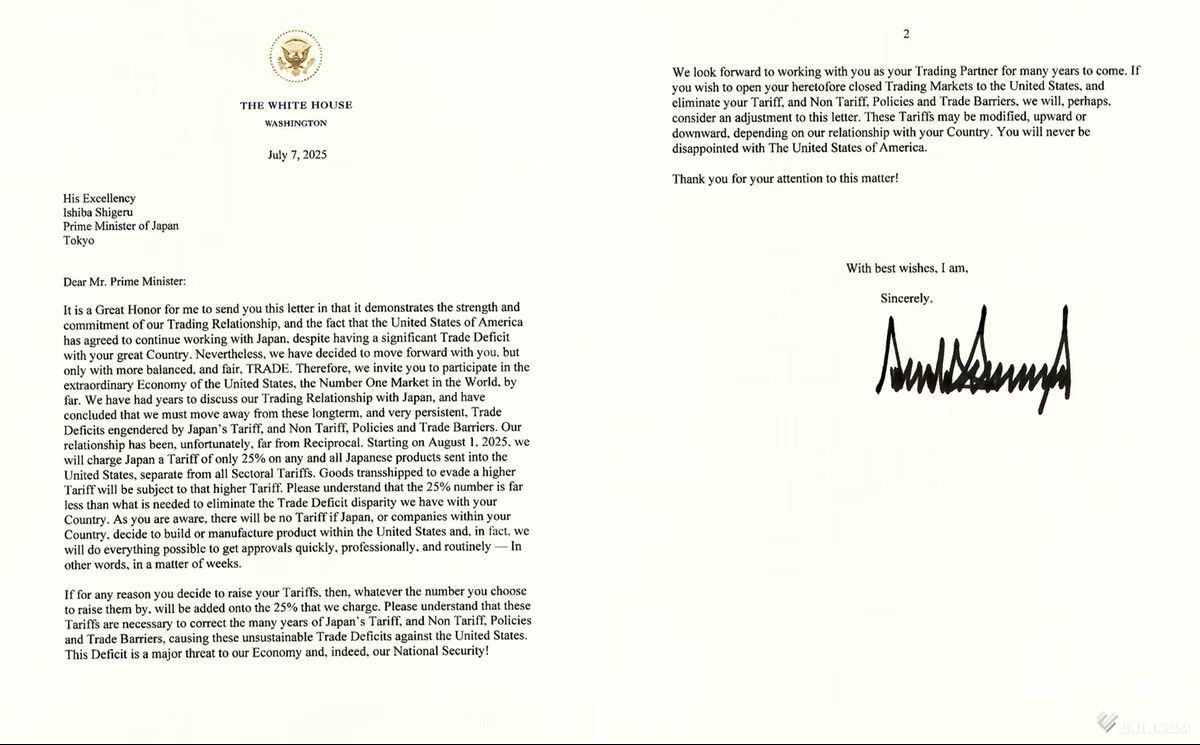 トランプ大統領が石破総理大臣に宛てた日米貿易の関税に関する書簡の全訳（公電訳）