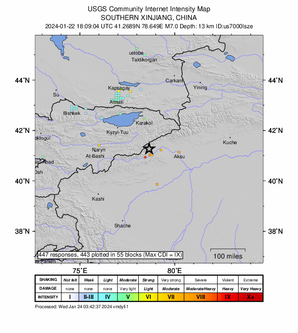 中国・新疆ウイグル自治区でM7.1の地震