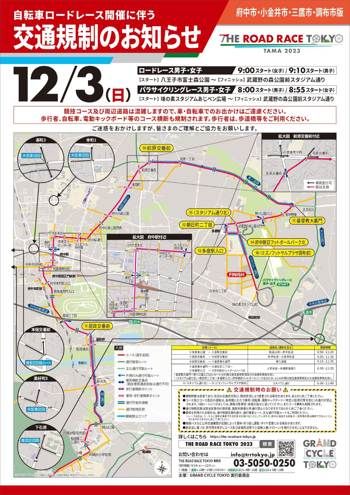 ロードレース東京・多摩 2023 交通規制図 府中市・小金井市・三鷹市・調布市